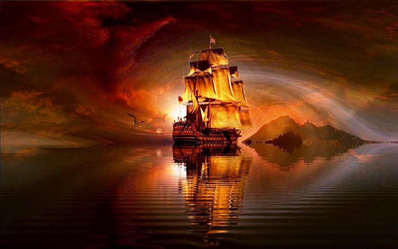 pirate ship at sunset