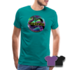 Model wearing Men's Premium T-shirt in teal with Octavia Hyde WEIRDO design, plus swatches of additional color options (purple, black)