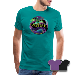 Model wearing Men's Premium T-shirt in teal with Octavia Hyde WEIRDO design, plus swatches of additional color options (purple, black)