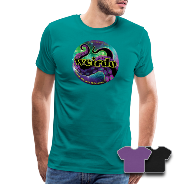 Model wearing Men's Premium T-shirt in teal with Octavia Hyde WEIRDO design, plus swatches of additional color options (purple, black)