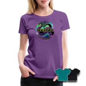 Model wearing Women's Premium T-shirt in purple with Octavia Hyde WEIRDO design, plus swatches of additional color options (teal, black)