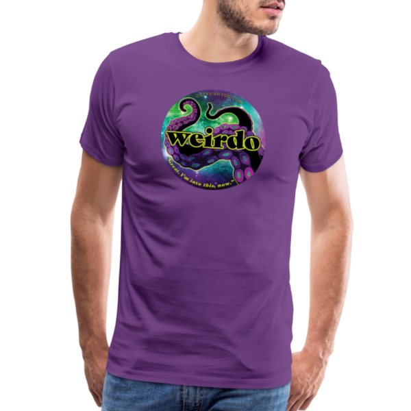 Model wearing Men's Premium T-shirt in purple with Octavia Hyde WEIRDO design