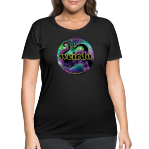 Model wearing Women's Curvy T-shirt with Octavia Hyde WEIRDO design