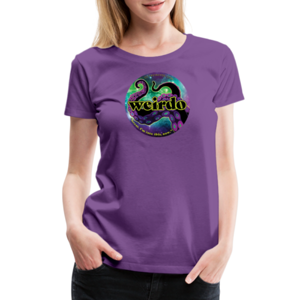 Model wearing Women's Premium T-shirt in purple with Octavia Hyde WEIRDO design