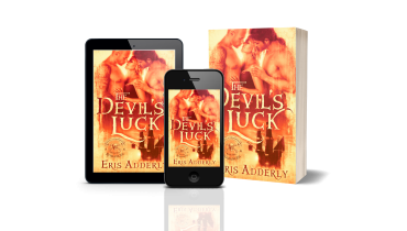 The Devil's Luck shown in paperback, on an eReader, and on a smartphone